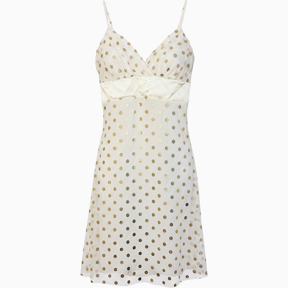 Vintage Y2K Women's Taboo White Gold Polka Dot Sheer Lining Mini Dress SZ L